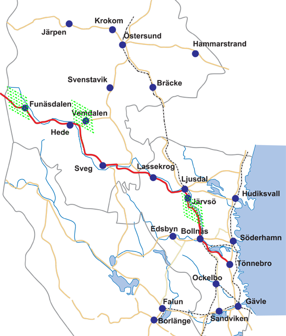 Karta Fjällvägen med destinationer i grönt